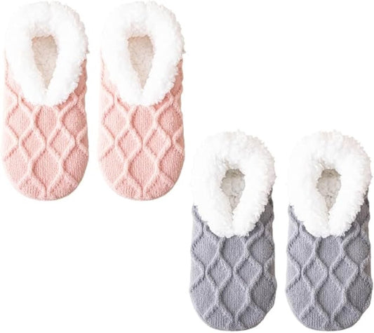 Women's Thermal Socks - Fleece Lined - Non-slip Bottom - Elastic Cuff - Bedroom & Living Room (Pink + Grey) V1188-MS101-00772-1