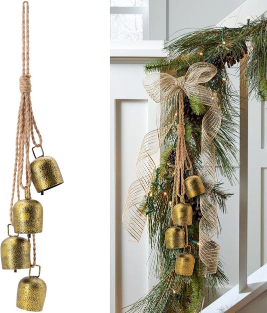Christmas bells for decoration - Vintage cowbells of gold-colored metal with jute hanging cord - Decorative V1188-MS101-00779-1