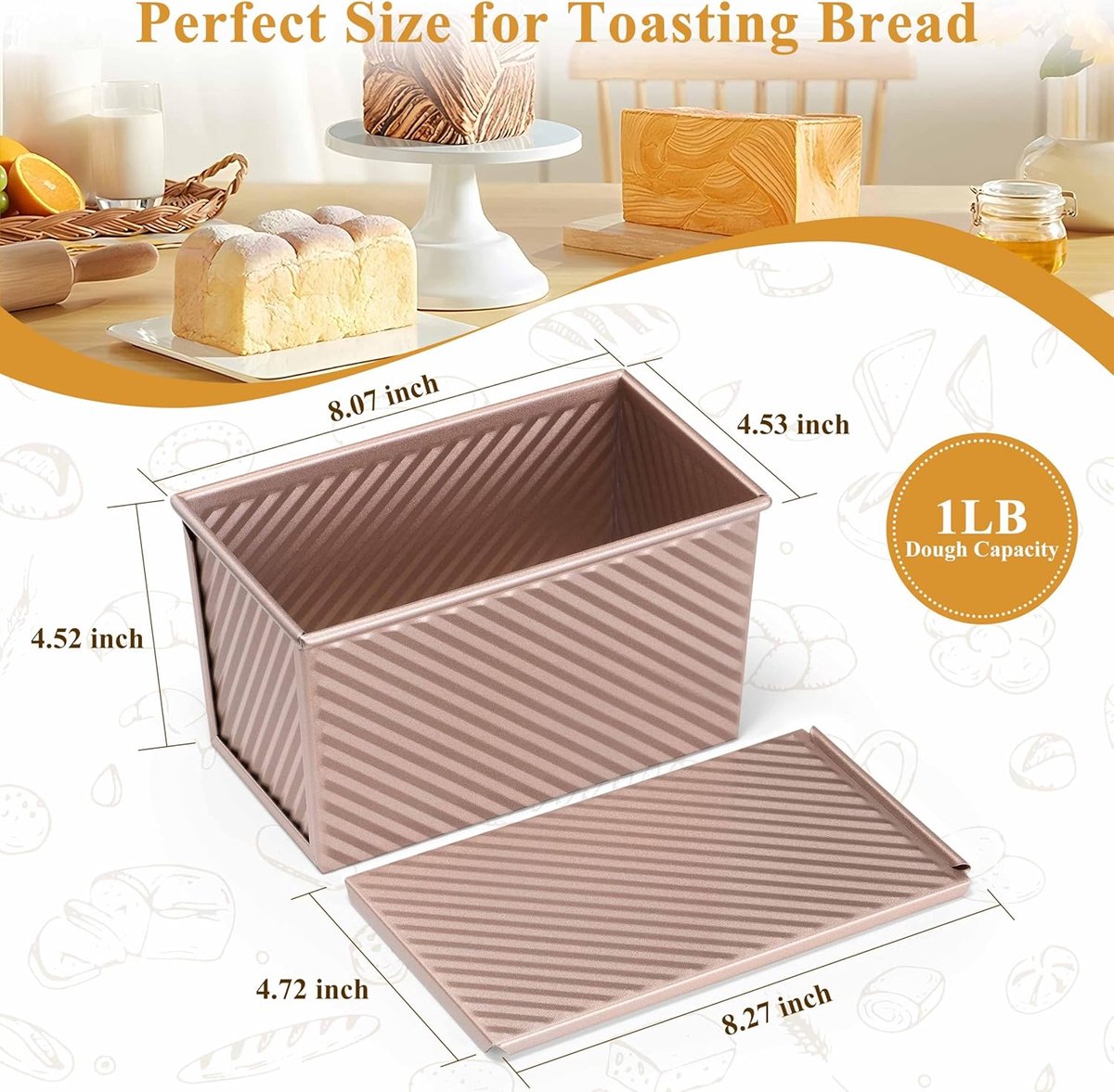 2-pack Pullman loaf pan with lid - 1 pound bread baking pan - non-stick coating for homemade sourdough bread V1188-MS101-00782-1