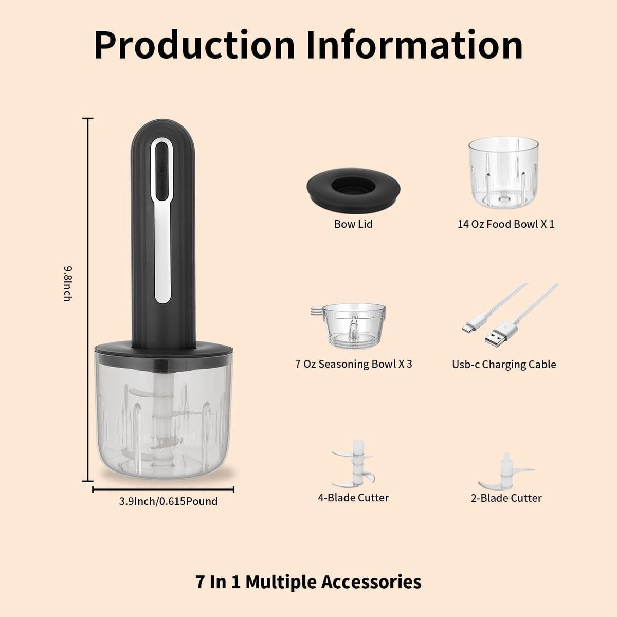Food Processor - Cordless and USB-C Rechargeable - 4 Cups for Portion Control - Powerful Stainless Steel V1188-MS101-00787-1