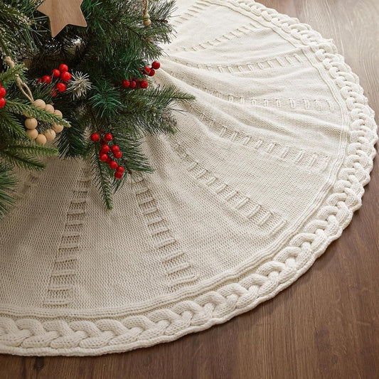 48-inch Christmas tree skirt - Braided cable knit tree skirt - for a 7.5-foot tree - Cream white tree skirt - V1188-MS101-00797-1