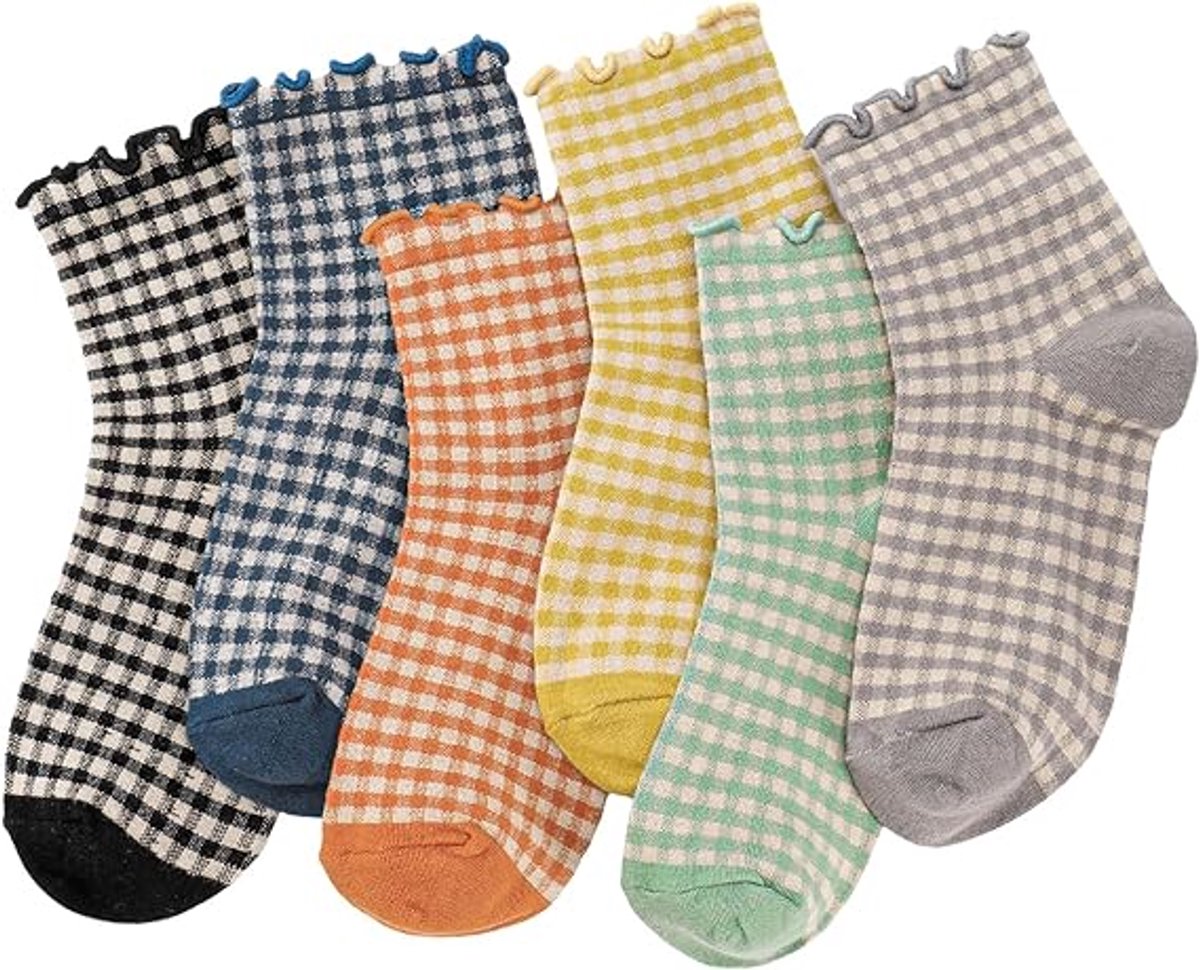 Frilly Socks - cute checked ankle socks for women - cotton knitted casual crew socks V1188-MS101-00799-1