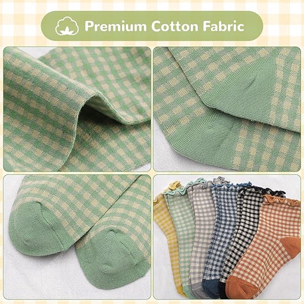 Frilly Socks - cute checked ankle socks for women - cotton knitted casual crew socks V1188-MS101-00799-1