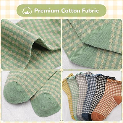 Frilly Socks - cute checked ankle socks for women - cotton knitted casual crew socks V1188-MS101-00799-1