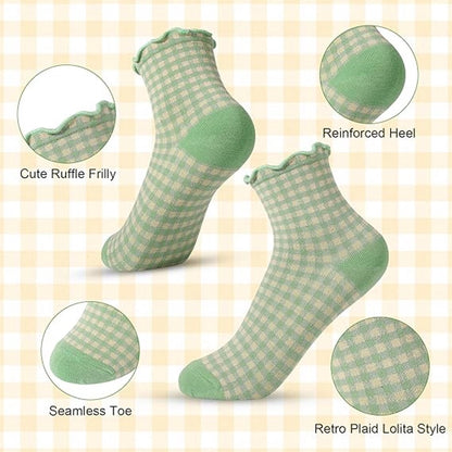 Frilly Socks - cute checked ankle socks for women - cotton knitted casual crew socks V1188-MS101-00799-1
