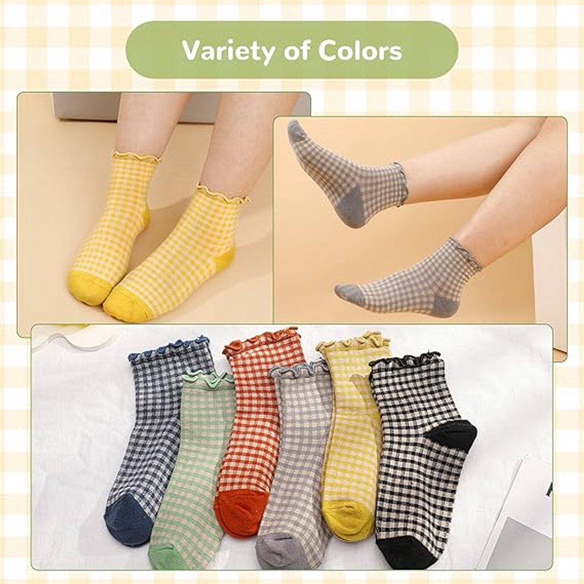 Frilly Socks - cute checked ankle socks for women - cotton knitted casual crew socks V1188-MS101-00799-1