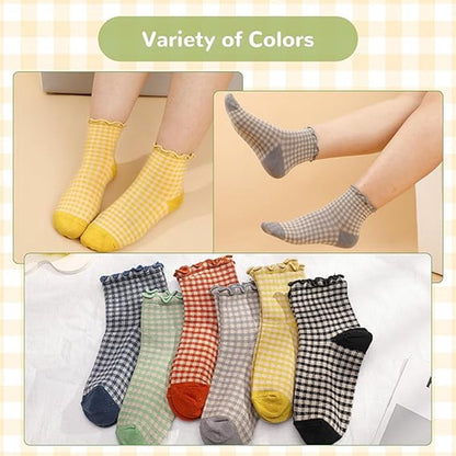 Frilly Socks - cute checked ankle socks for women - cotton knitted casual crew socks V1188-MS101-00799-1