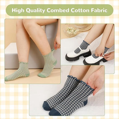 Frilly Socks - cute checked ankle socks for women - cotton knitted casual crew socks V1188-MS101-00799-1