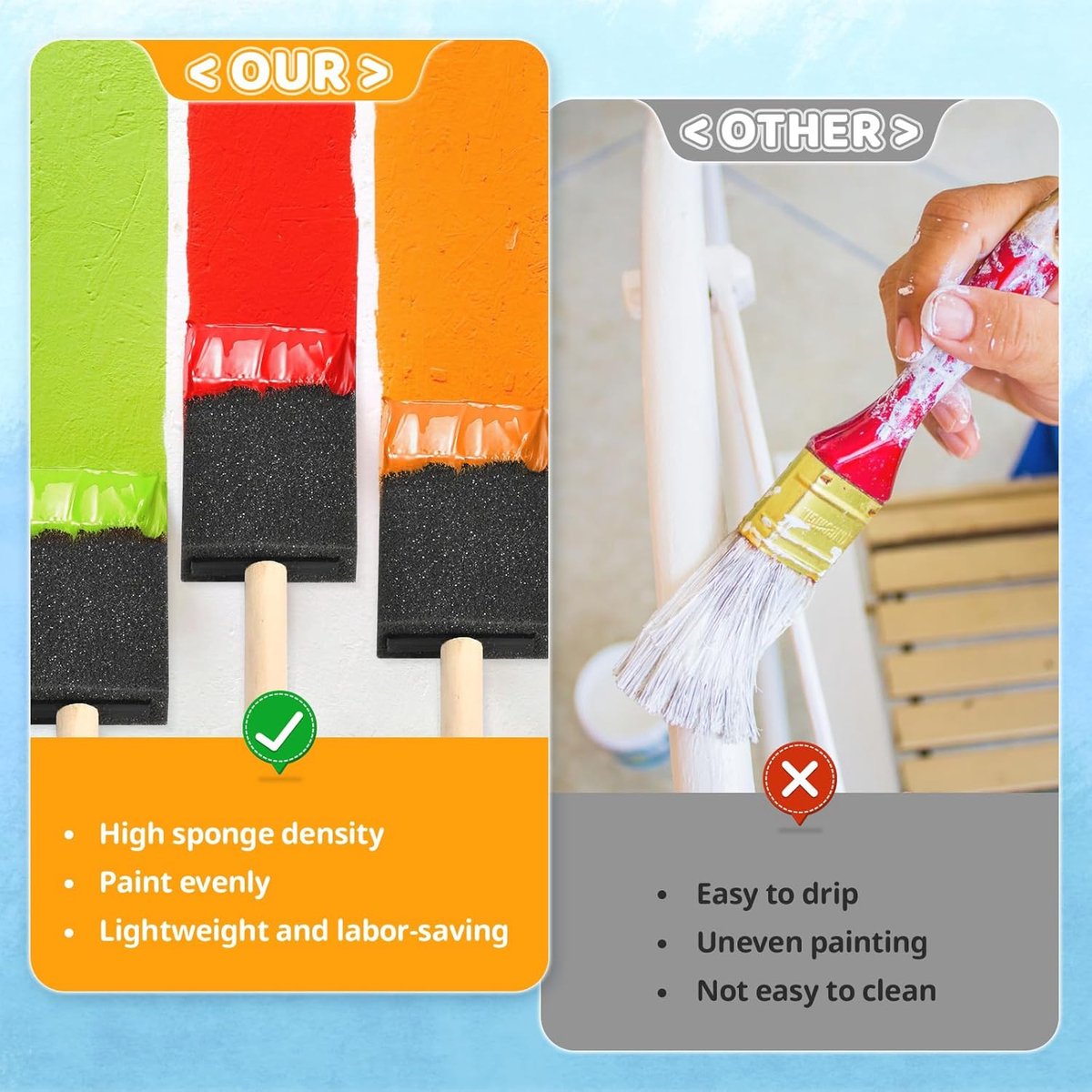 Foam paint brushes - 8 pieces, 4 cm wide - Sponge brushes for smooth painting - For staining and craft V1188-MS101-00800-1