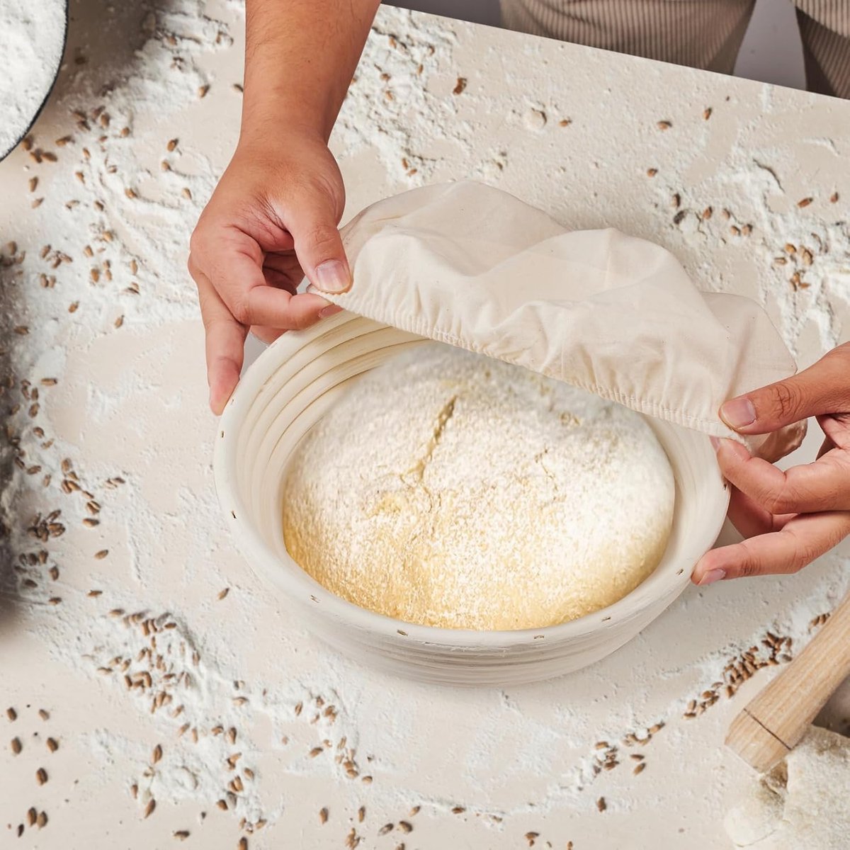 2-Pack Fermentation Basket - Bread Proofing Basket - 9 Inch Round Woven Basket - Includes Linen Lining - V1188-MS101-00819-1