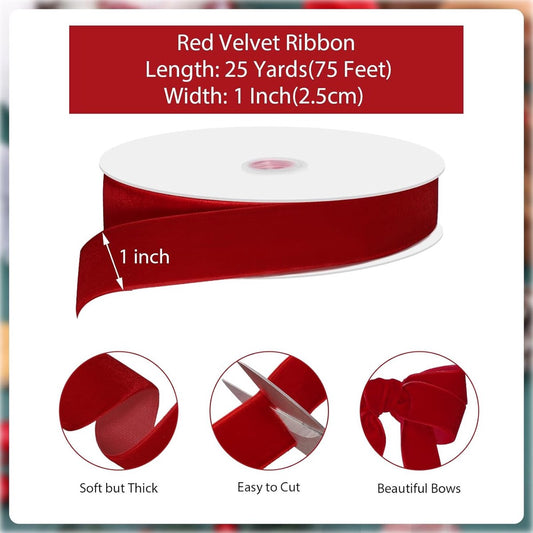 Red Velvet Ribbon - 2.5cmx22.5m, for gifts/Christmas decorations V1188-MS101-00828-1