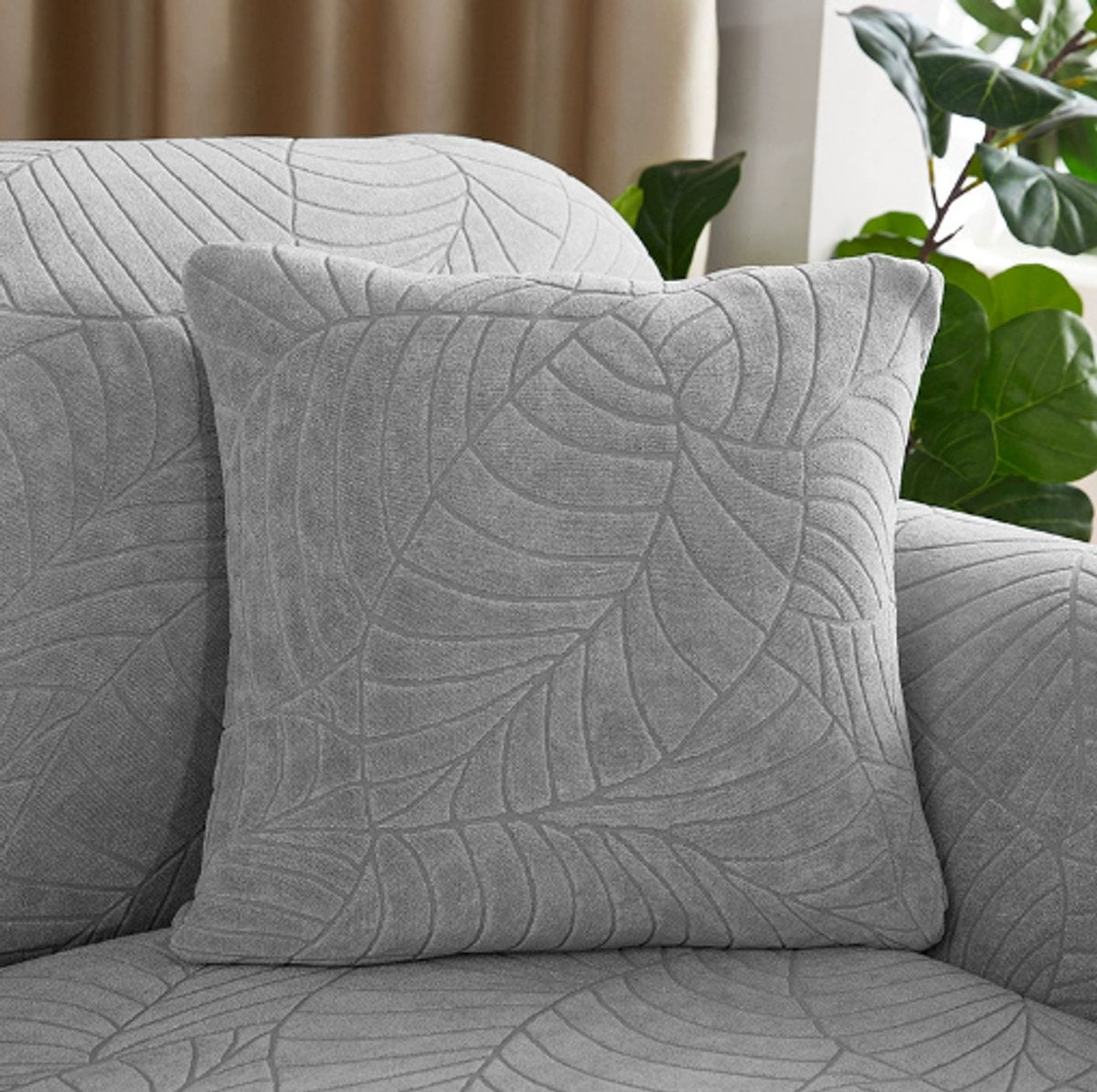 Waterproof cushion cover 45x45 - set of 2 cushion covers - Light grey jacquard leaf pattern V1188-MS101-00839-1