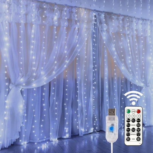 Curtain lights, Christmas lights - 300 LEDs, 8 light modes, copper string lights with remote control, USB V1188-MS101-00840-1