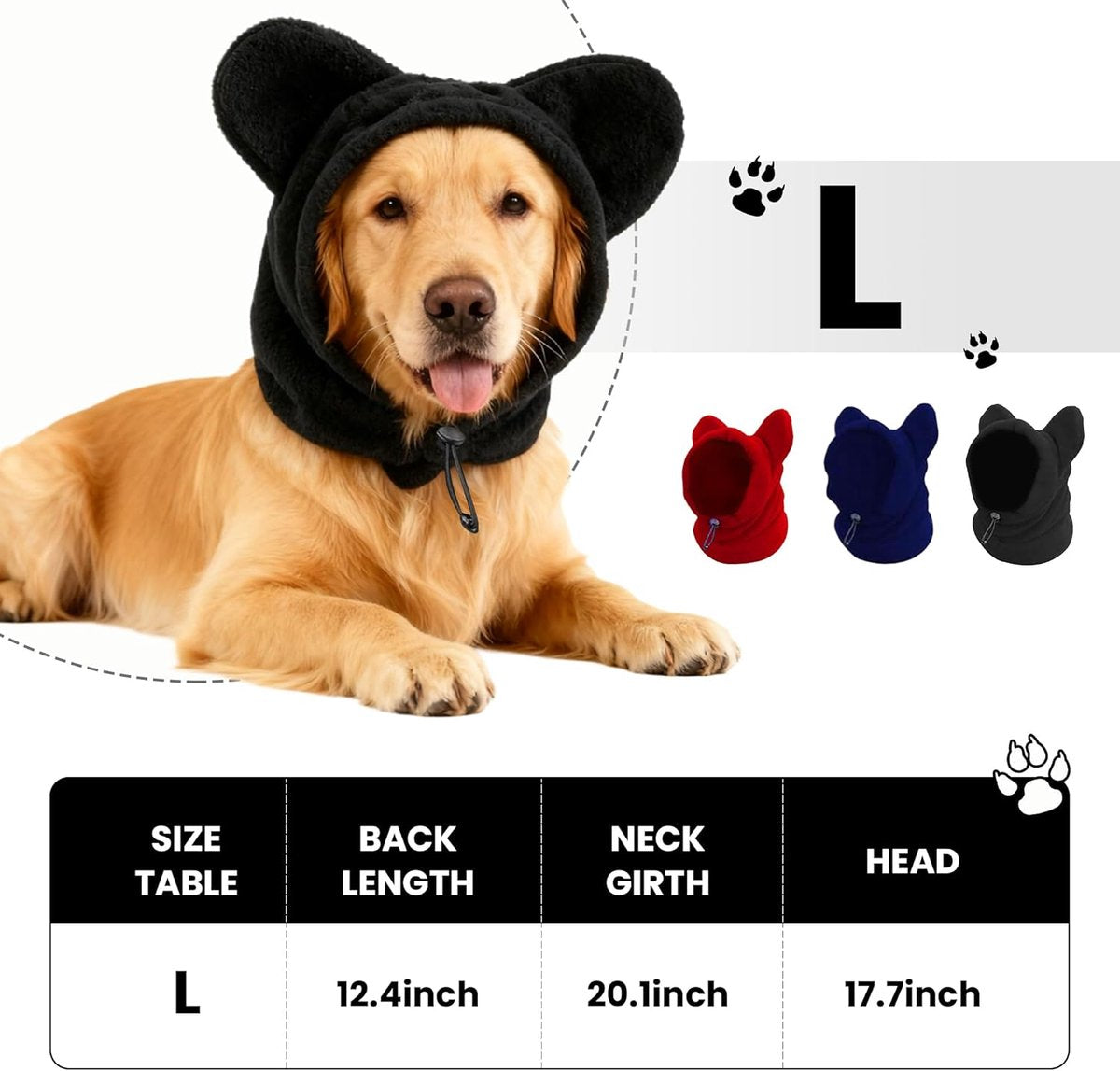 Dog emergency winter cone with ear protection, fleece neck warmer for dogs, (black, L) V1188-MS101-00843-1