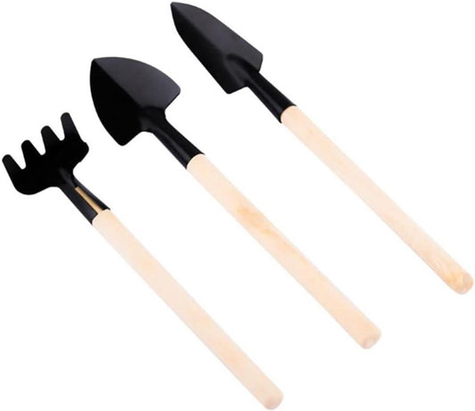 3-piece mini garden tool set - for pots and plants - Wooden handle design - Shovel, rake, and soil shovel - V1188-MS101-00875-1