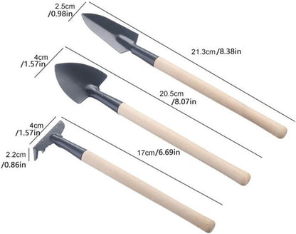 3-piece mini garden tool set - for pots and plants - Wooden handle design - Shovel, rake, and soil shovel - V1188-MS101-00875-1