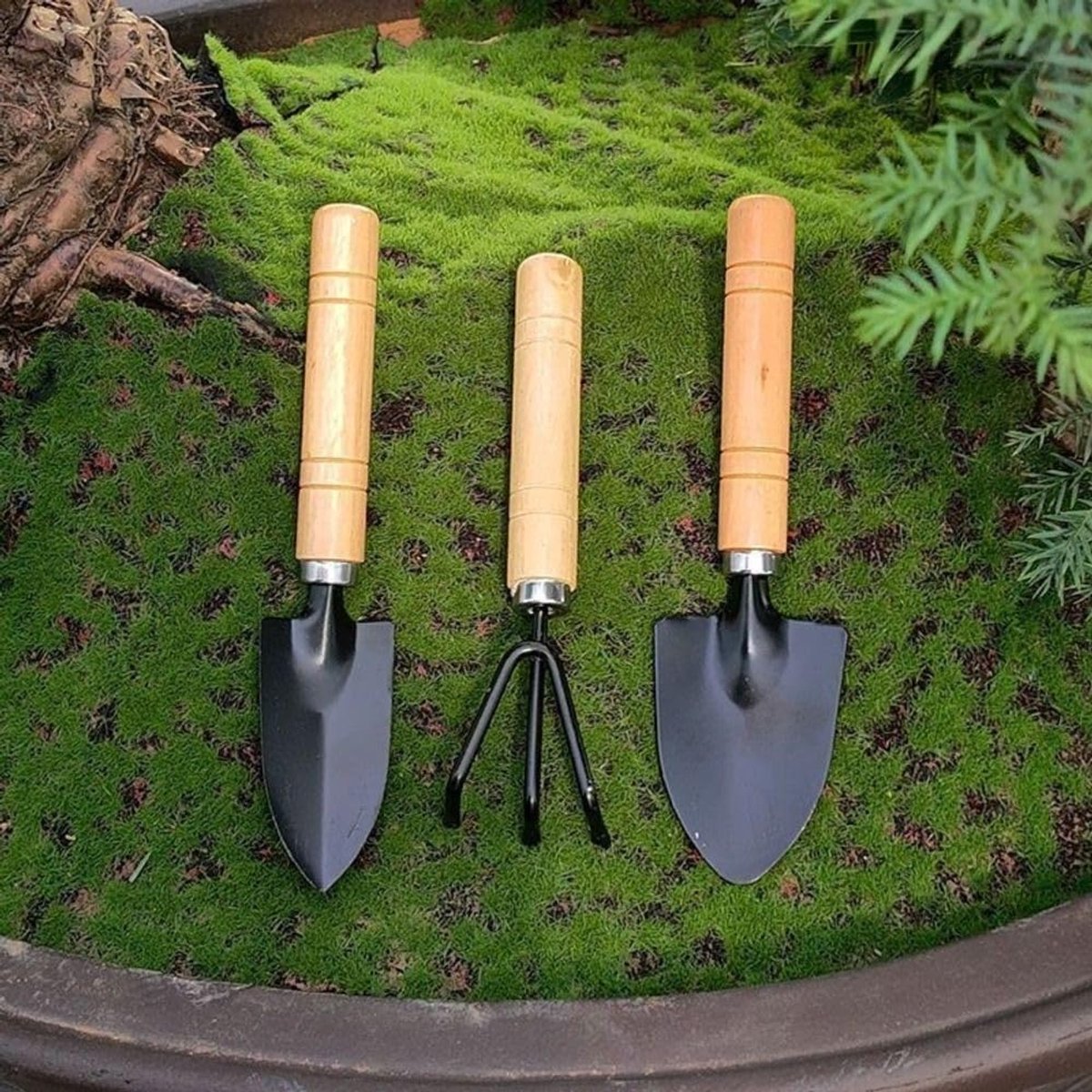 3-piece mini garden tool set - for pots and plants - Wooden handle design - Shovel, rake, and soil shovel - V1188-MS101-00875-1