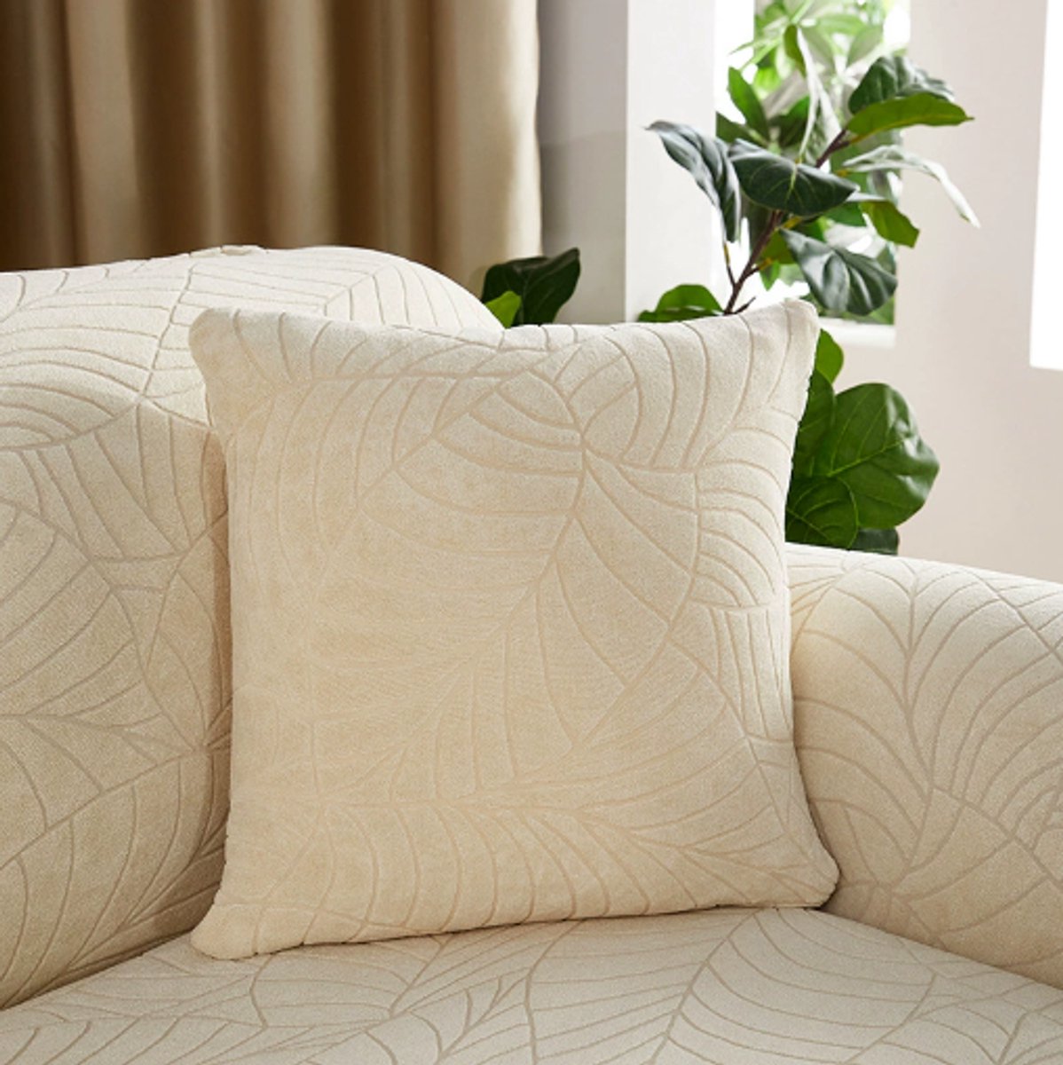 Waterproof cushion cover 45x45 - Set of 2 cushion covers - Beige jacquard leaf pattern V1188-MS101-00896-1