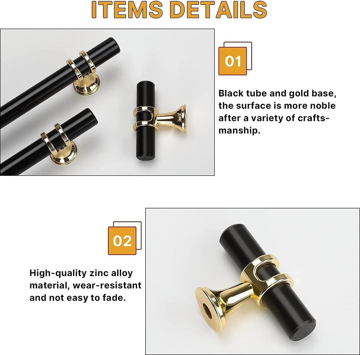 Cabinet Knobs - Drawer Knobs and Handles - 2 Pieces - Black and Gold, Single-Drill Design - Zinc Alloy - V1188-MS101-00954-1