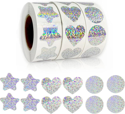 Sticker roll - Holographic glitter sticker roll - 1500 sheets - Star/heart/circle patterns - Colorful V1188-MS101-00957-1