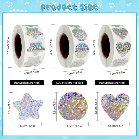 Sticker roll - Holographic glitter sticker roll - 1500 sheets - Star/heart/circle patterns - Colorful V1188-MS101-00957-1