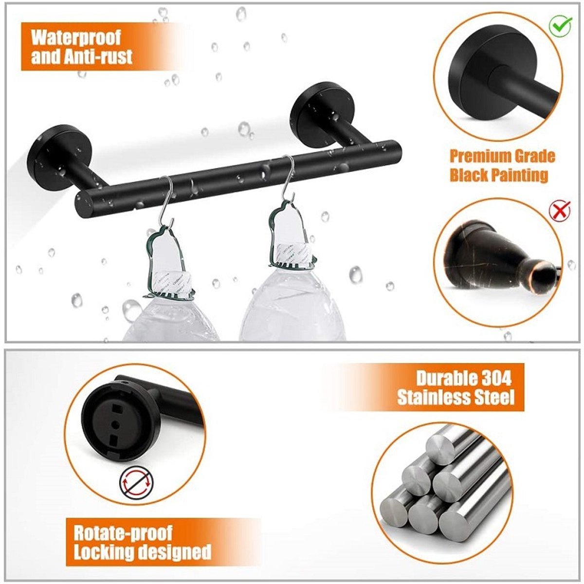 5-piece Towel Rail Set - 304 Stainless Steel, Black, Bathroom V1188-MS101-00970-1