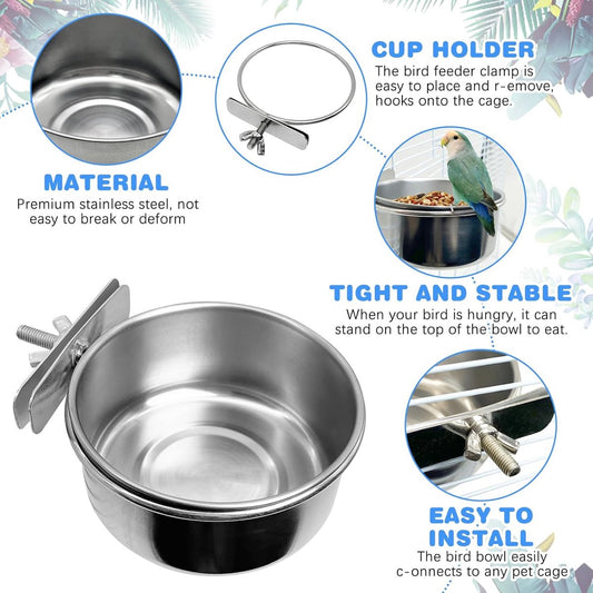 Parrot feeder - Bird food bowl - Stainless steel water bowl for bird cage with clip holder - Suitable for V1188-MS101-00988-1