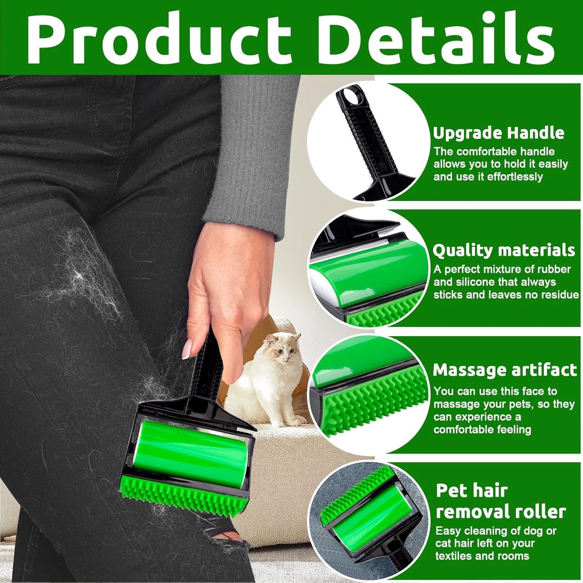Pet hair remover - 3-in-1 lint roller - Reusable, silicone, washable - Suitable for sofas, carpets, couches, V1188-MS101-00991-1