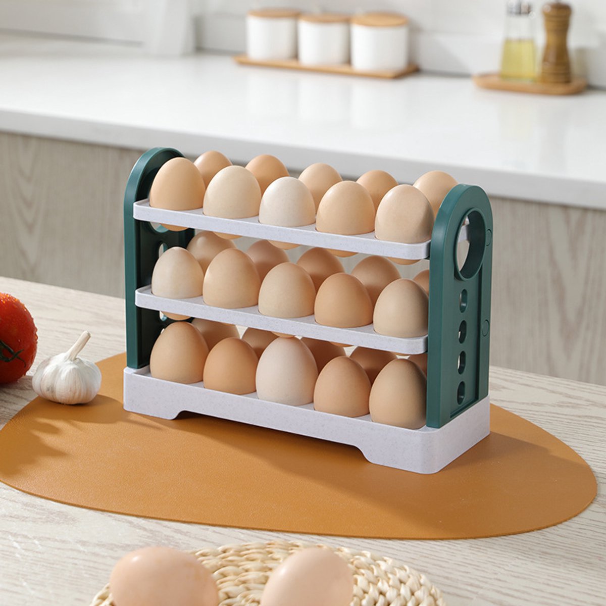 Egg Basket 30 Compartments 3 Layers - Dark Blue Flip-Down - With Handle for Refrigerator V1188-MS101-00993-1