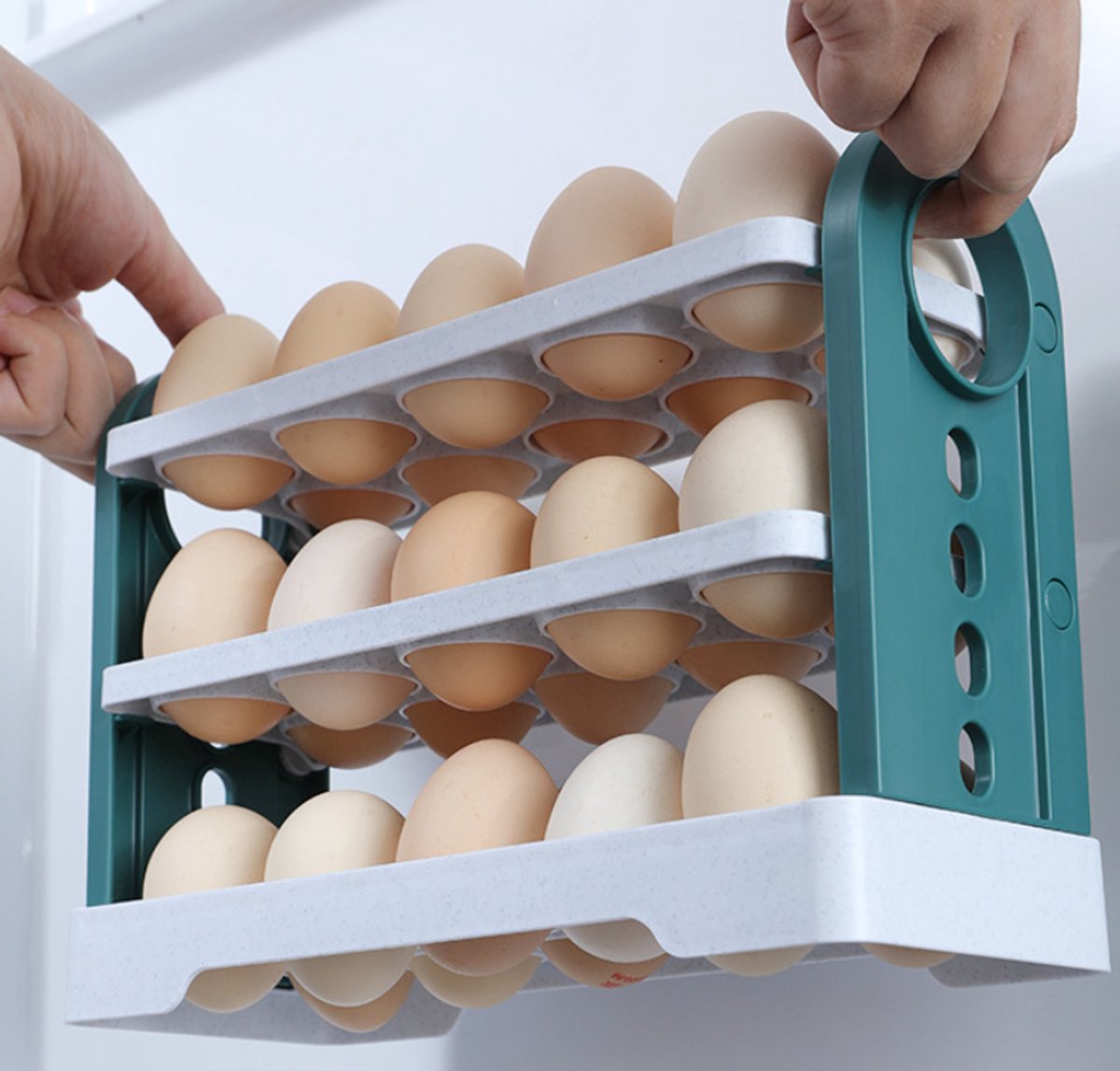 Egg Basket 30 Compartments 3 Layers - Dark Blue Flip-Down - With Handle for Refrigerator V1188-MS101-00993-1