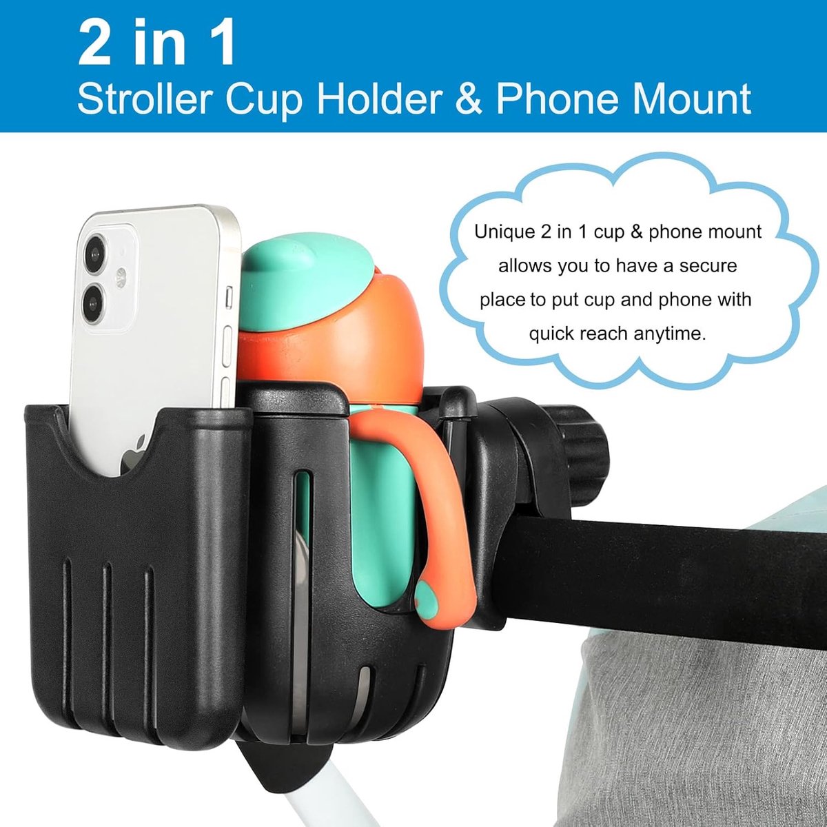 Stroller cup holder - Bicycle cup holder - Universal cup holder - 2-in-1 cup holder and phone holder - V1188-MS101-01008-1