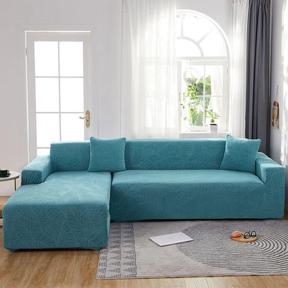 Waterproof sofa cover - Bright blue jacquard leaf pattern - For 3-seater sofa (185-230 cm) V1188-MS101-01018-1