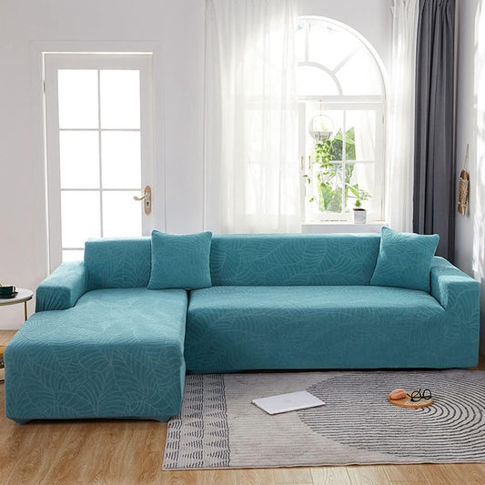 Waterproof sofa cover - Bright blue jacquard leaf pattern - For 3-seater sofa (185-230 cm) V1188-MS101-01018-1