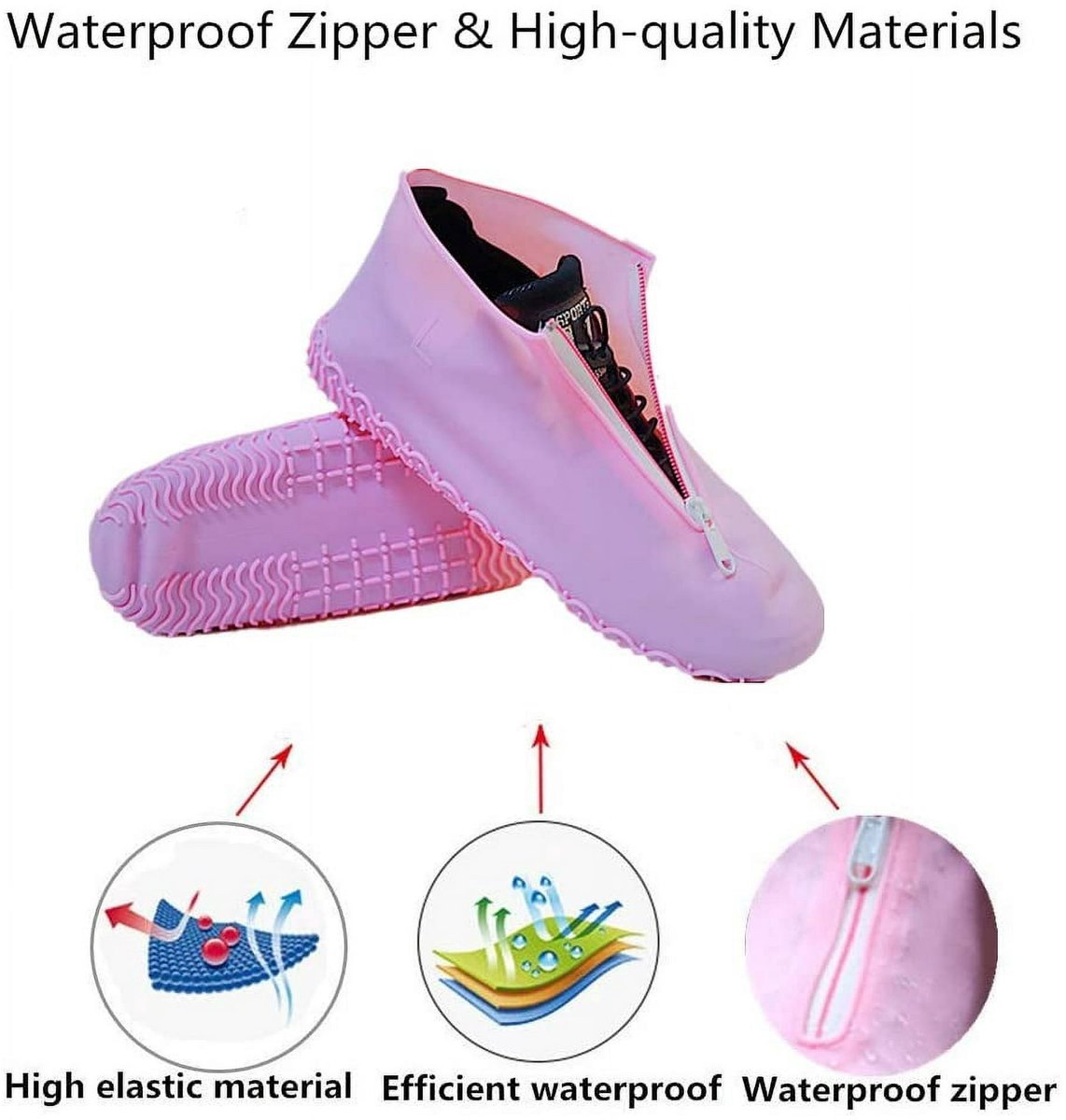 Waterproof shoe covers - reusable, foldable, non-slip rain shoe covers - with zipper - unisex - pink, size L V1188-MS101-01021-1