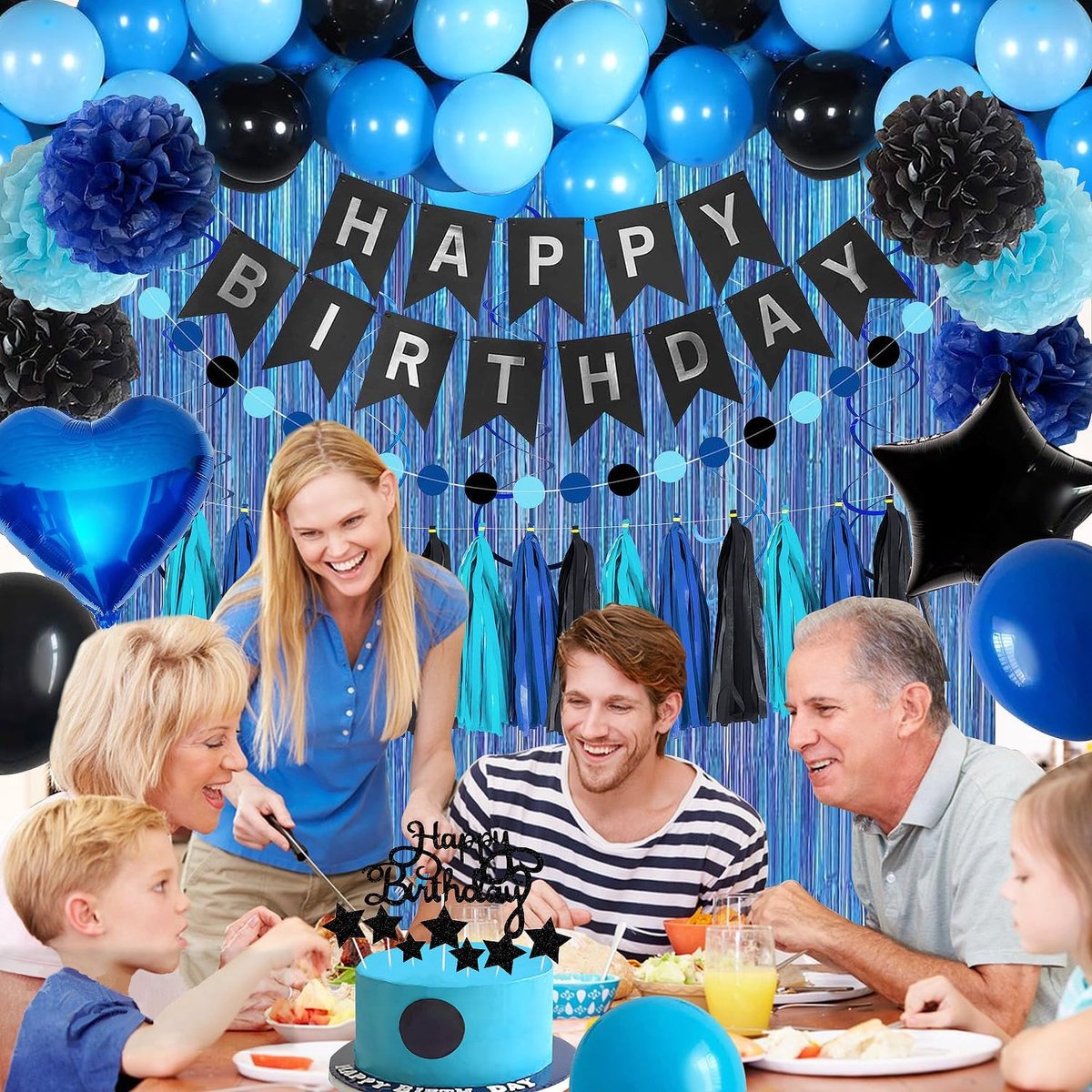 Blue-black birthday party decoration set - Banner & balloons V1188-MS101-01039-1