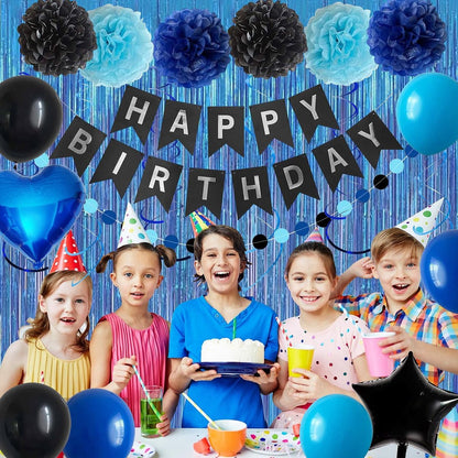 Blue-black birthday party decoration set - Banner & balloons V1188-MS101-01039-1