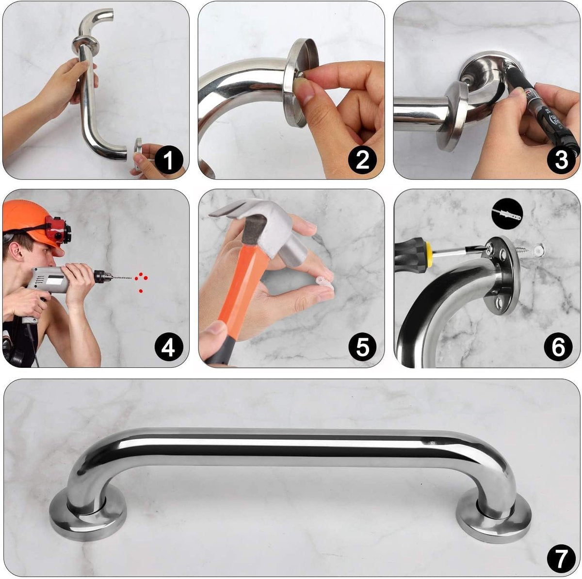 2 Pieces Bathroom Grab Bar 304 Stainless Steel - 30cm - 500lbs Load Capacity - For the Elderly V1188-MS101-01057-1