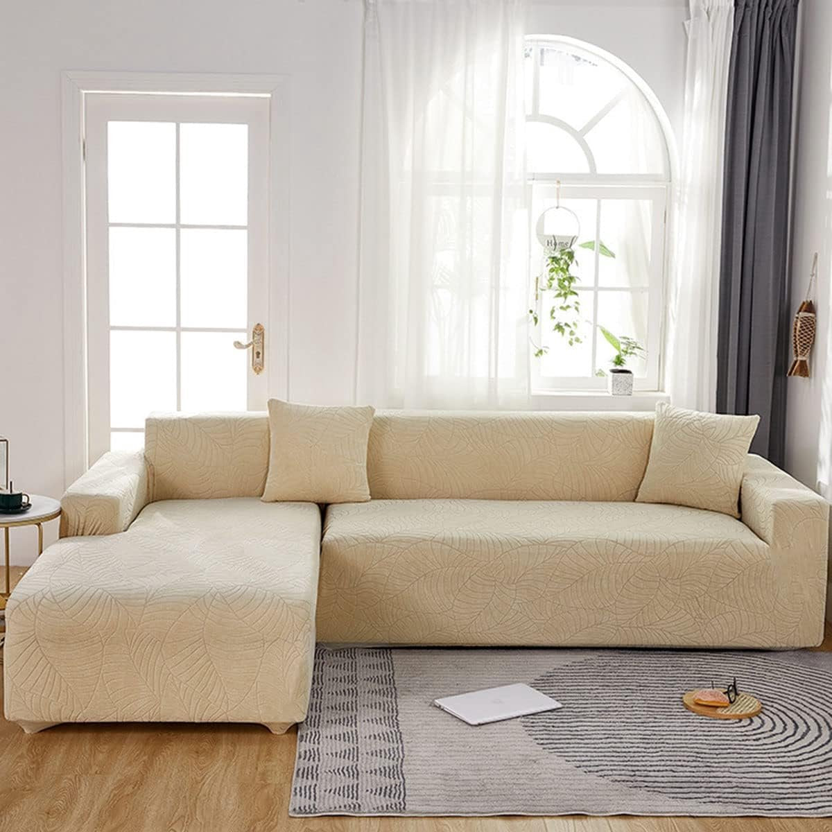 Waterproof sofa cover - Beige jacquard leaf pattern - For 2-seater sofa (145-180 cm) V1188-MS101-01059-1