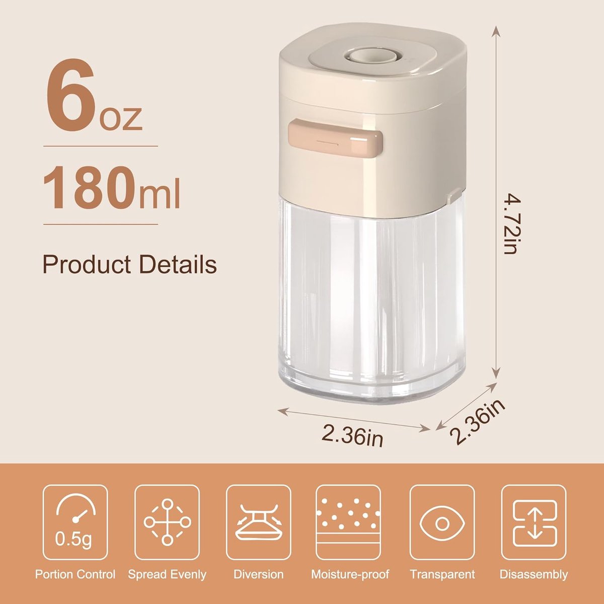 6.4 oz shaker with lid - suitable for kitchen spice tools V1188-MS101-01063-1