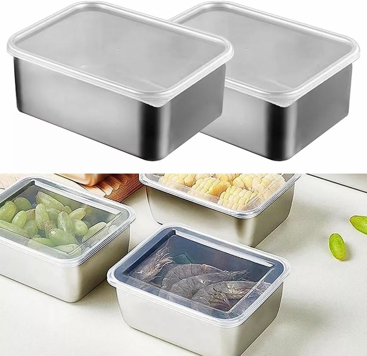 6 Food Containers with Lids - Reusable, Stackable, Waterproof - Stainless Steel - Suitable for Oven, V1188-MS101-01071-1