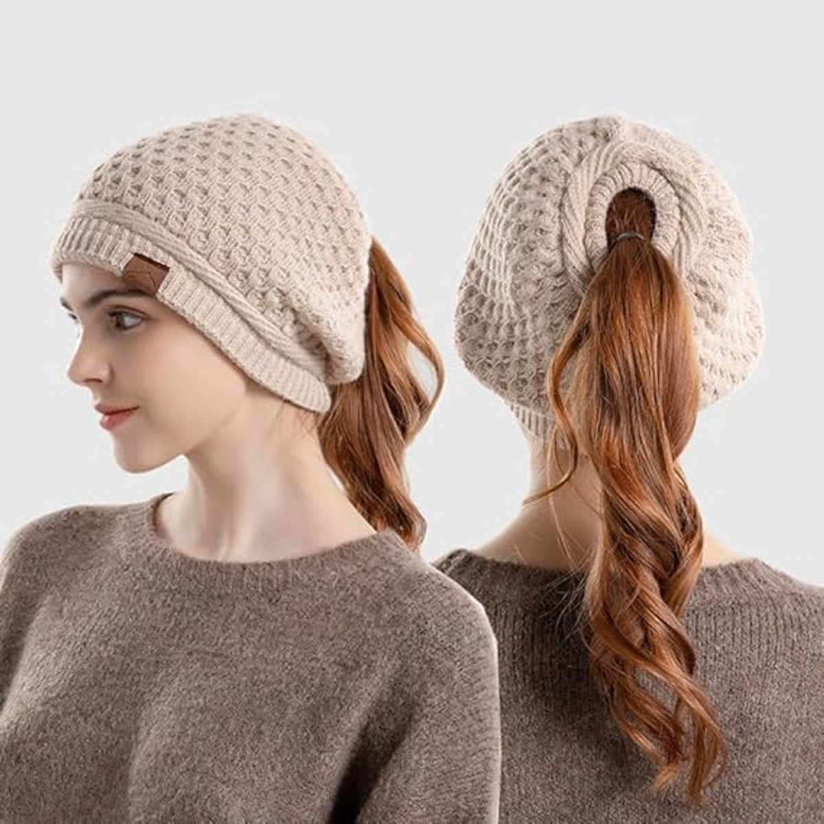 Women's winter hat - Knitted hat - Knitted hat with ponytail opening - Oversized cable-knit winter hat - Hat V1188-MS101-01074-1