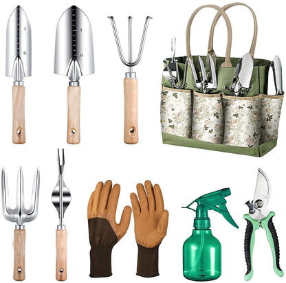 9-piece Garden Set - Stainless steel, wooden handles & watering can V1188-MS101-01082-1