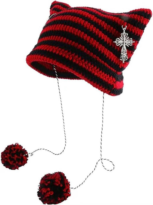 Ladies' Hat - Retro-style knitted hat - Crocheted girl's hat - Fox and cat ear design - Matches retro-style V1188-MS101-01087-1