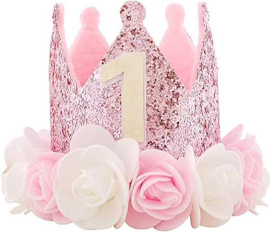 Birthday Hat - Perfect for a girl's first birthday - Rose Gold Party Crown - 3-inch Floral Princess Pink V1188-MS101-01089-1