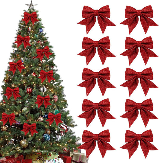 10 Pieces Red Christmas Bows - 12 x 15 cm - Glitter - Christmas Decoration Bows - Christmas Ornaments - V1188-MS101-01107-1