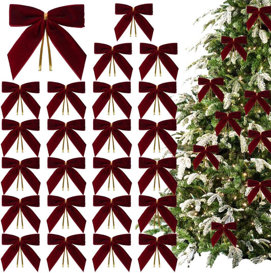 24 Piece Velvet Christmas Bows - Glitter - Christmas Decoration Bows - Christmas Ornaments - Christmas Tree V1188-MS101-01110-1