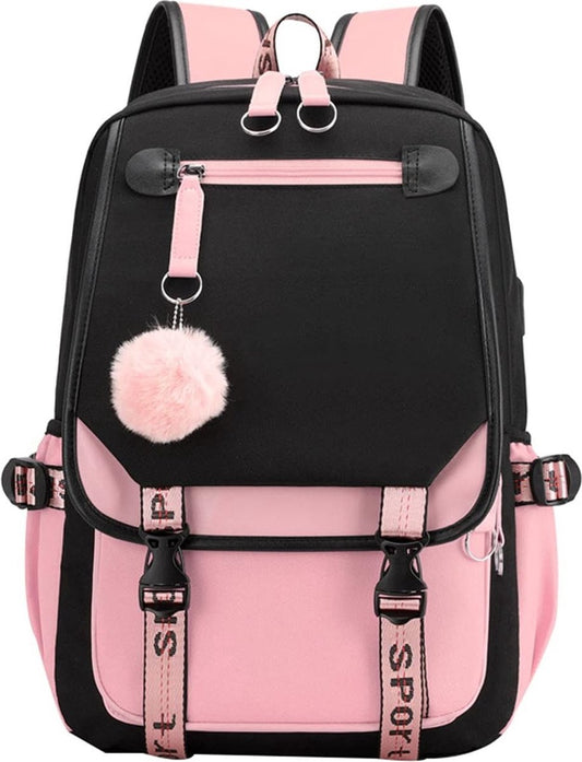 Girls School Student School Bag Outdoor Backpack With USB Charging Port, Black Pink - School Bag - Backpack - V1188-MS101-01121-1