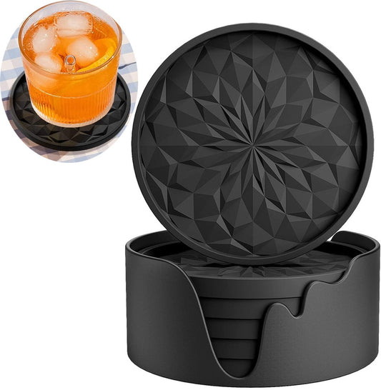 Silicone Coasters with Holder - Set of 6 - Glass Coasters - Coaster Set - Round Coaster Design - Drink V1188-MS101-01139-1