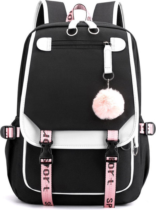 Girls School Student School Bag Outdoor Backpack With USB Charging Port, Black White - School Bag - Backpack V1188-MS101-01169-1