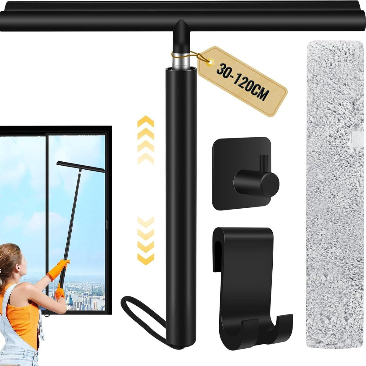 Extendable Shower Squeegee - Up to 120 CM - With Hanging Hook and Squeegee Cloth - Floor Squeegee / Window V1188-MS101-01194-1